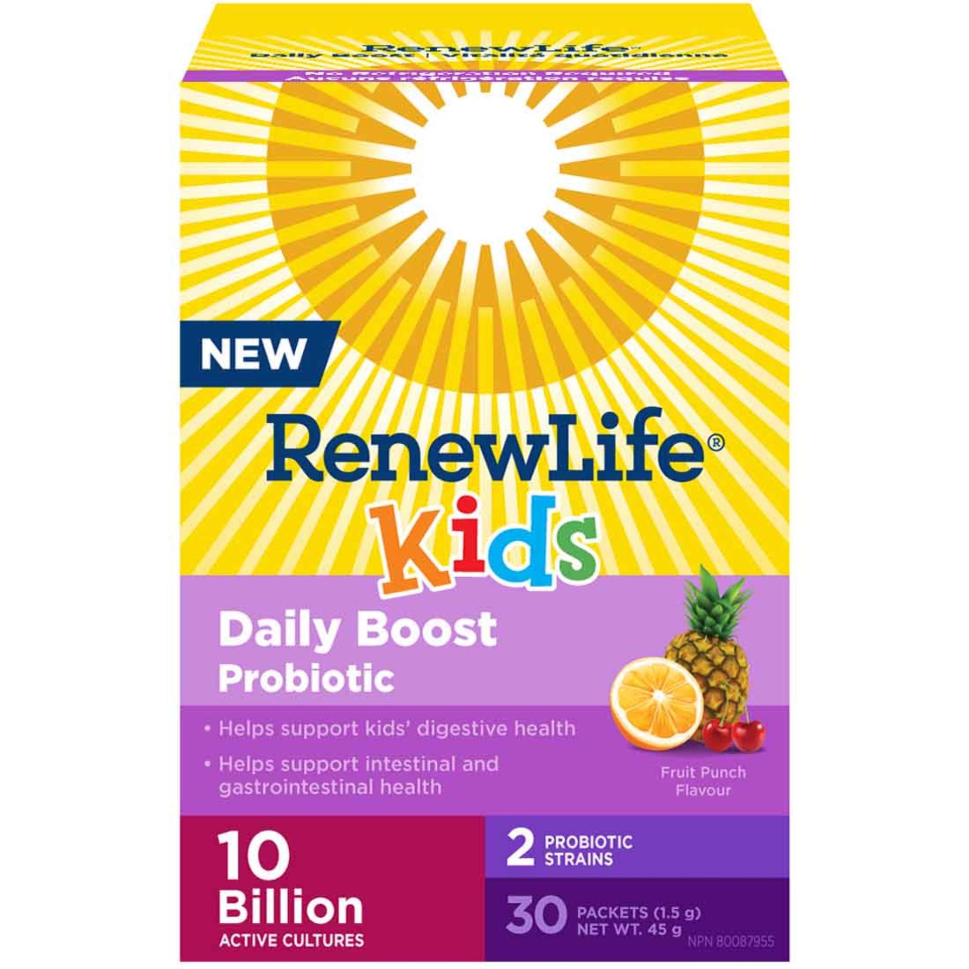 Fruit Punch 30 Single Packets | RenewLife Kids Daily Boost Probiotic, 10 Billion Active Cultures, 2 Probiotic Strains // fruit punch flavour