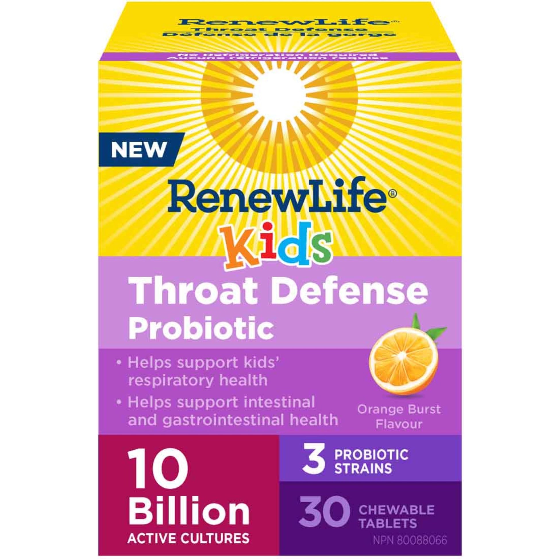 Orange Burst, 30 Chewable Tablets | RenewLife Throat Defense Probiotic, 10 Billion Active Cultures, 3 Probiotic Strains // orange burst flavour