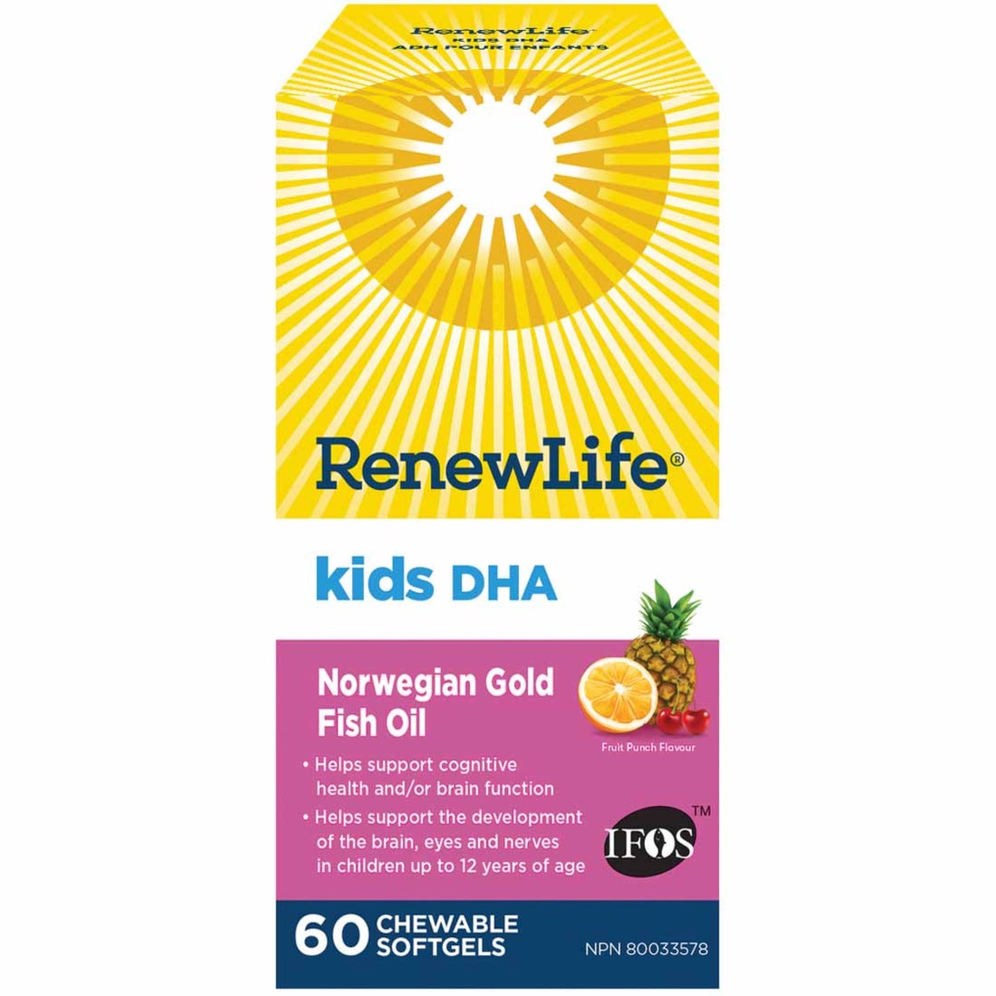 Fruit Punch, 60 Softgels | RenewLife Kids DHA Norwegian Gold Fish Oil // fruit punch flavour