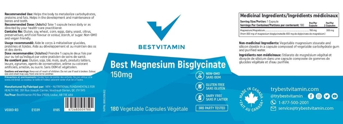 BestVitamin Best Magnesium Bisglycinate 150mg, Extra Gentle, Non-GMO