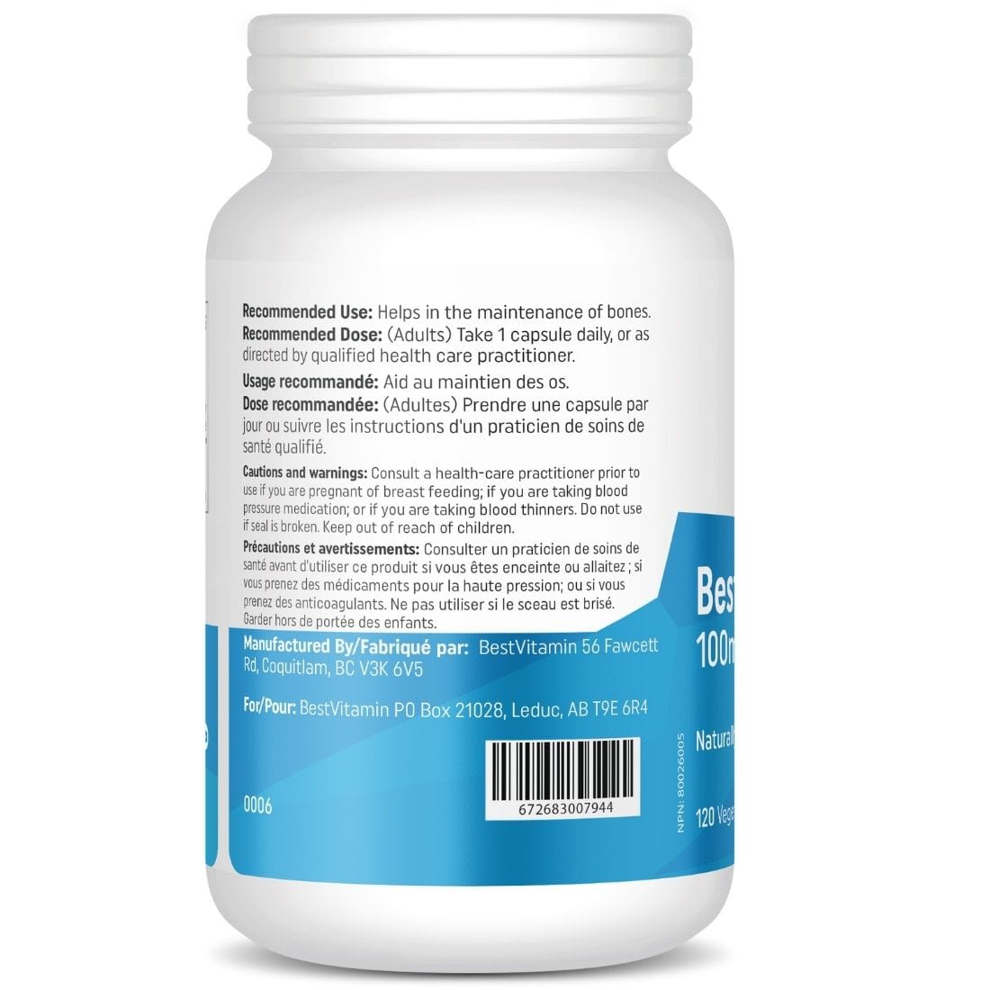 BestVitamin Best MK 7 Vitamin K2 100mcg Naturally Fermented Non GMO 120 Vegetable Capsules